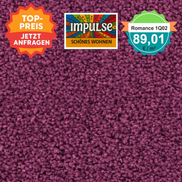 Teppichmuster mit Label „Impulse WOLFSBURG“ und Badge „Romance 1Q02 – 89,91 €/m²“